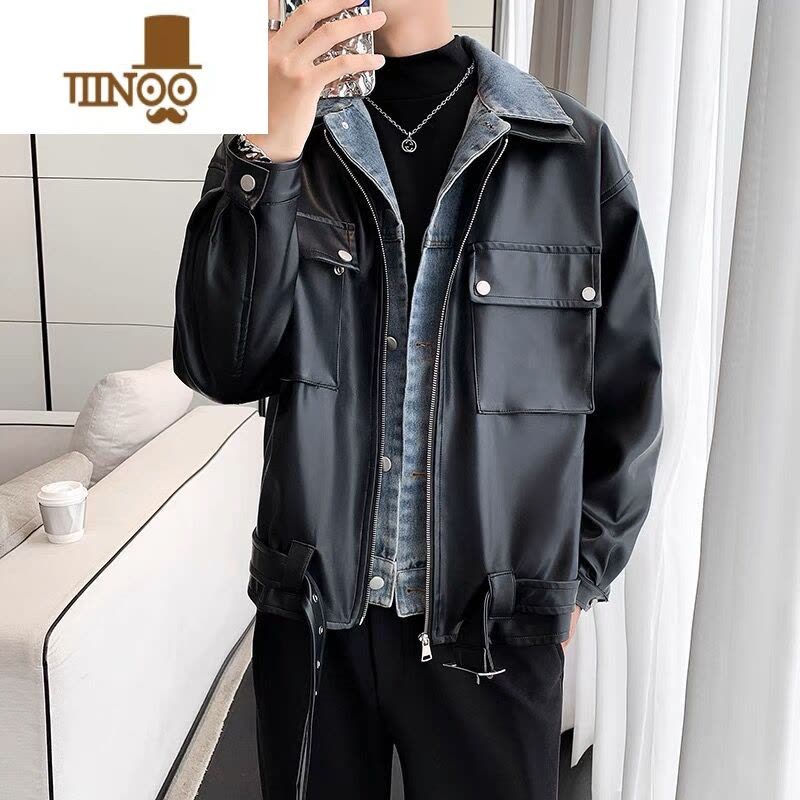 YANXU假PU皮衣外套男新款潮牌宽松牛仔夹克痞帅感休闲套装图片