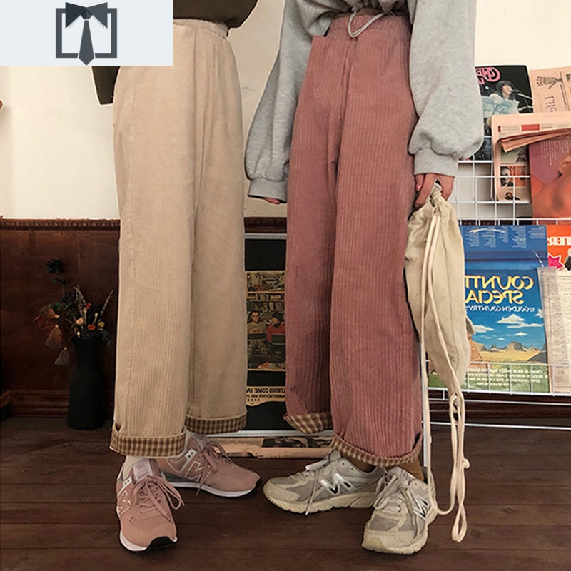 SUNTEK灯芯绒裤子女春秋直筒宽松复古港风休闲裤高腰卷边学生九分阔腿裤休闲裤