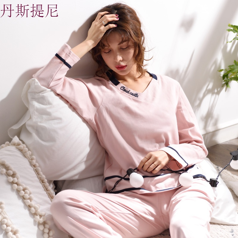 春秋季睡衣女长袖纯棉V领套头休闲宽松韩版可外穿家居服两件套装