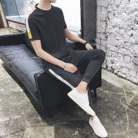 梵克公牛T恤 套装男夏季休闲商务休闲流男士短袖T恤麻夏天男装一套搭配帅气