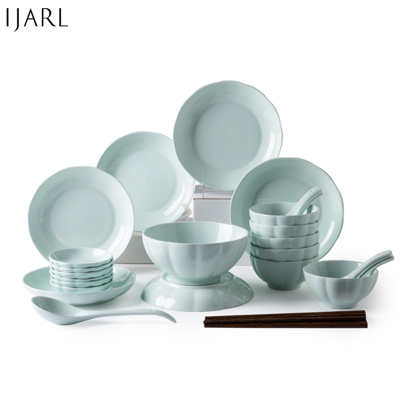 亿嘉IJARL 碗碟套装北欧陶瓷餐具筷子套装盘子勺子碗具花瓣设计家居送礼 水韵系列32件套