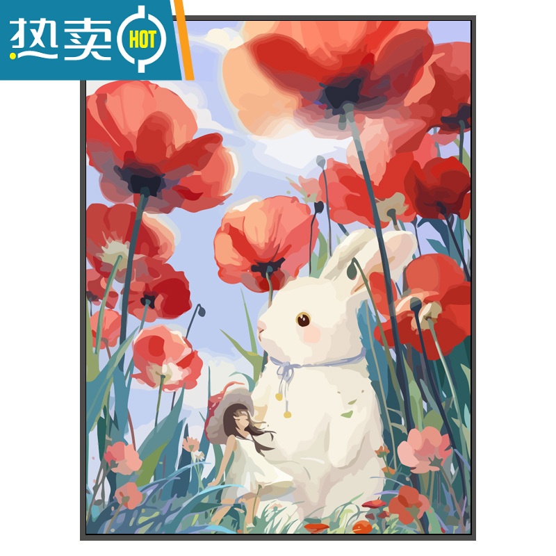 敬平兔子花卉diy数字油画填色手绘涂色手工填充油彩装饰画系丙烯装饰画高清大图