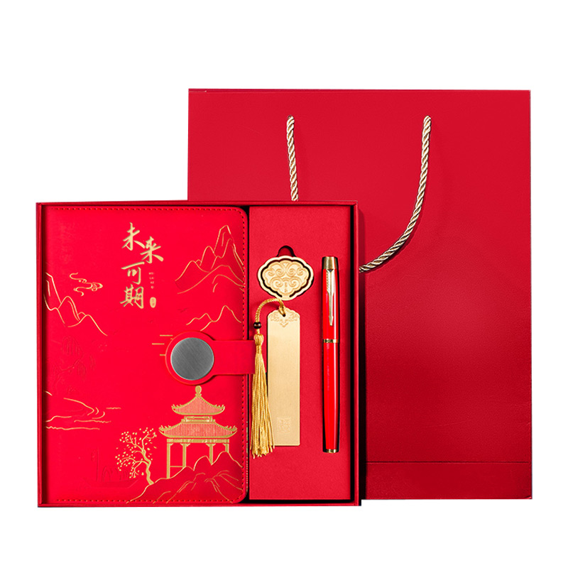 思唯美 中国红书签四件套 礼袋+本子+书签+金属笔+书扣高清大图