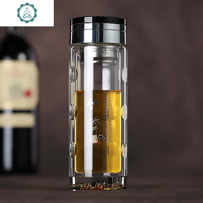 双层玻璃杯男女透明耐热水杯加厚水晶底带盖过滤茶杯商务杯子 封后 梅