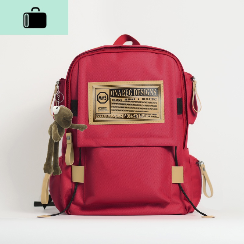 双肩包男潮牌休闲简约书包女韩版高中大学生ins超火百搭日系背包NEW LAKE 酒红色（标准版）+青蛙挂件