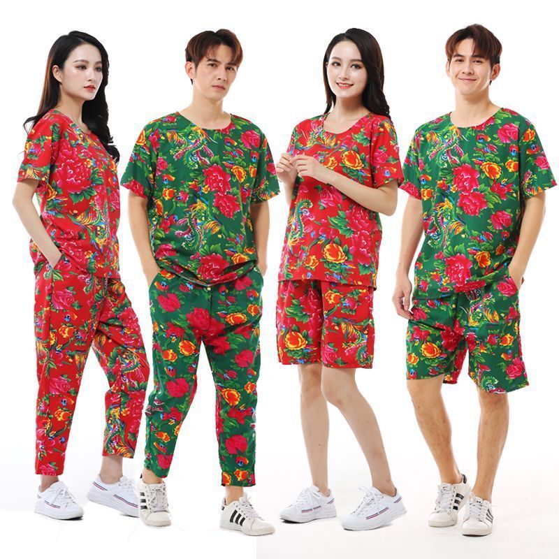 东北大花布衣服短袖t恤潮短裤套装二人转民族秧歌服夏搞笑舞蹈服