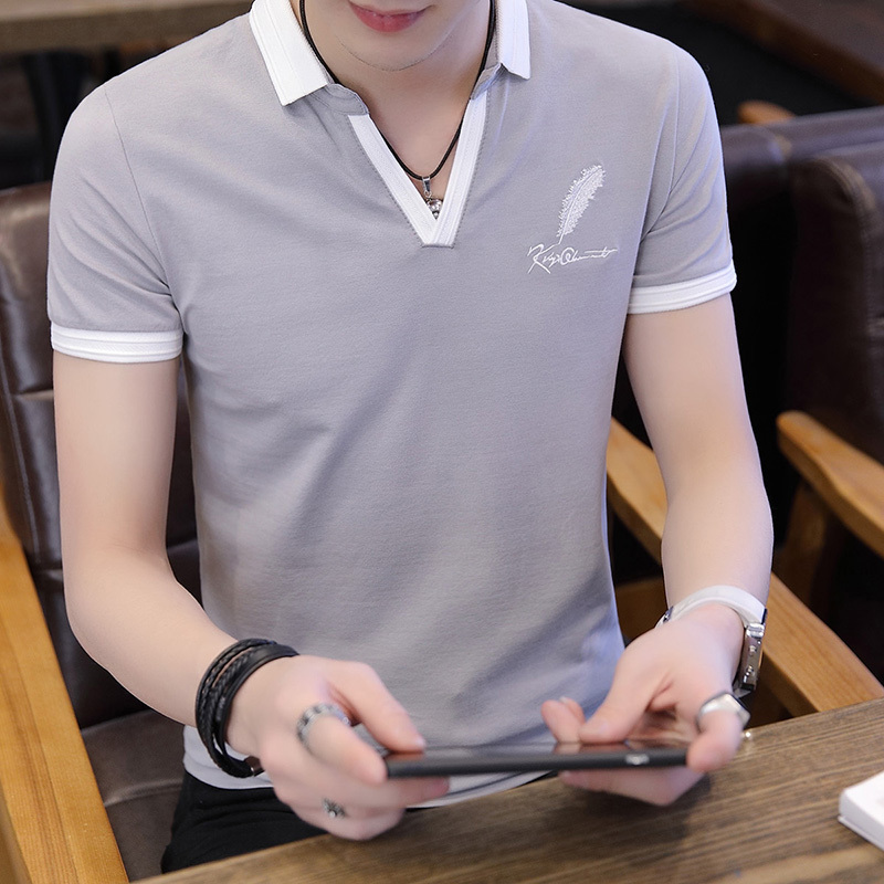 夏装新款polo衫男装翻领短袖t恤v领修身休闲韩版纯色衣服青年潮流
