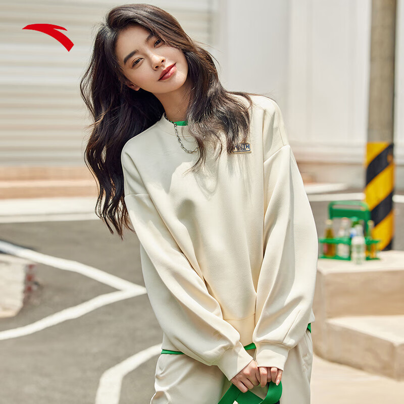 安踏卫衣女秋季新款简约印花长袖圆领运动服上衣休闲针织打底衫女