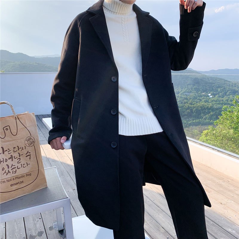 YUANSU胖子中长款风衣男宽松大码韩版潮流百搭过膝毛呢大衣秋冬翻领外套风衣