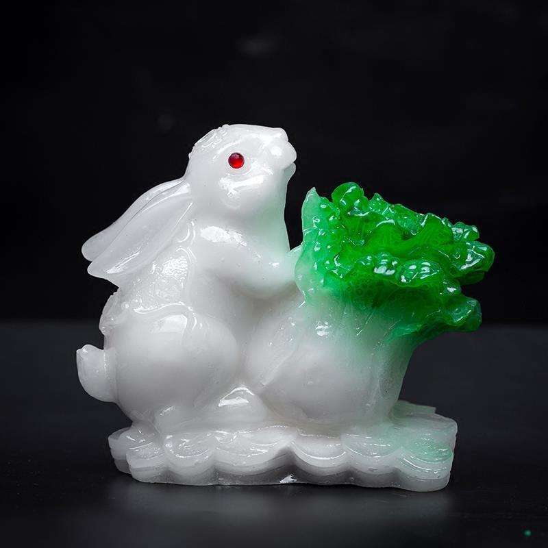 玉兔送财摆件招财进宝仿玉树脂工艺品兔子白菜生肖兔家居用品
