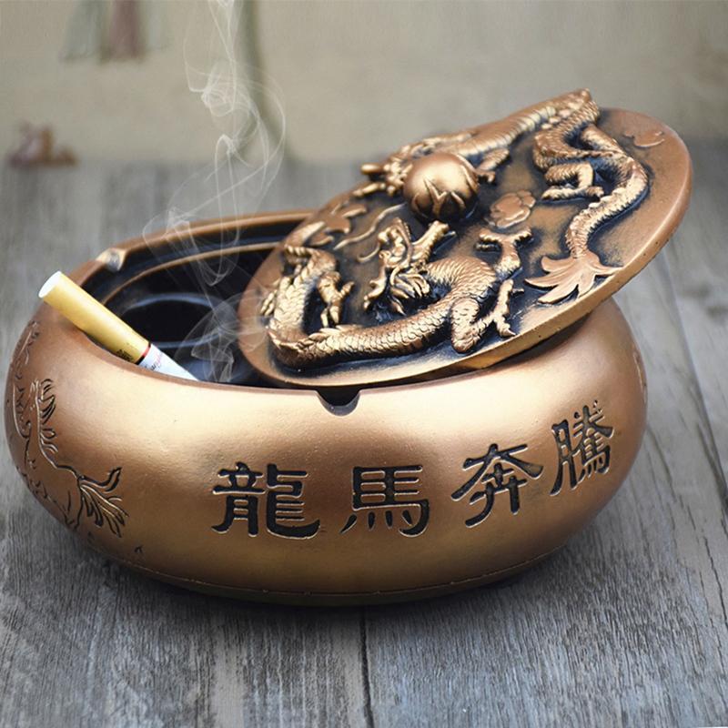 创意大号烟灰缸家用多功能复古带盖烟缸家居礼品摆件-金色复古金
