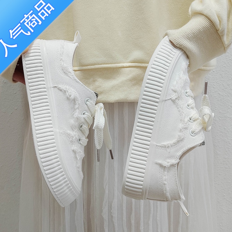 SUNTEK炸街chic小白鞋女2023新款春秋帆布鞋透气百搭运动休闲饼干鞋板鞋高清大图