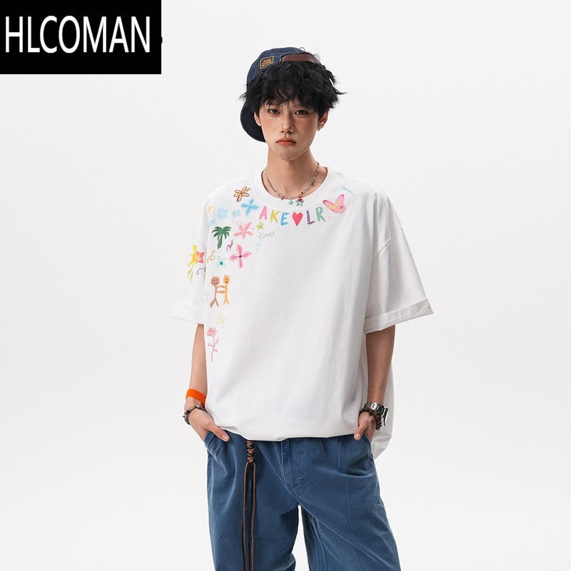 HLCOMAN创意卡通涂鸦短袖T恤男女夏季潮牌设计感百搭半袖宽松休闲tee