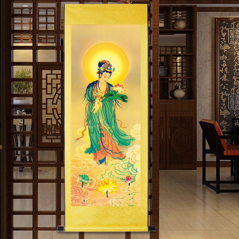 18新款国画佛像阿弥陀佛西方三圣卷轴挂画观世音菩萨佛像画像佛堂丝绸画