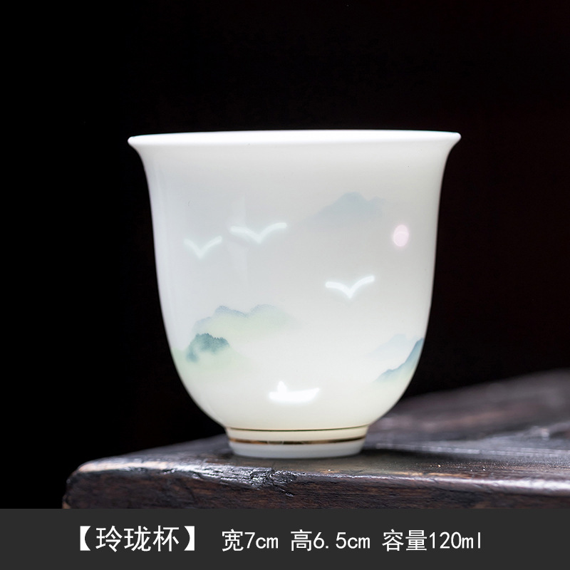 华普思羊脂玉玲珑花神杯白瓷茶杯品茗杯主人杯家用陶瓷单杯功夫茶具礼品 玲珑杯-千里江山