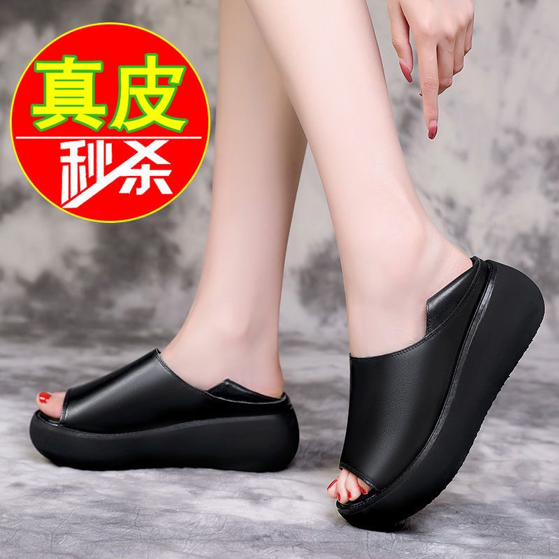 新款真皮厚底凉鞋2021夏季露趾中跟复古休闲两穿凉拖松糕鱼嘴女鞋 黑色 556真皮两穿 35 脚宽脚胖的建议拍大一码