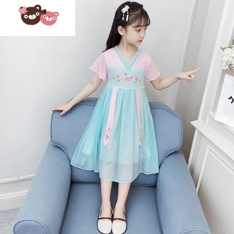绿彩虹光女童汉服连衣裙夏装2022新款儿童中国风古装夏季短袖洋气公主裙子