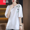YIBUSHENG中长款国风短袖t恤女2024季新款宽松显瘦洋气百搭搭显百长