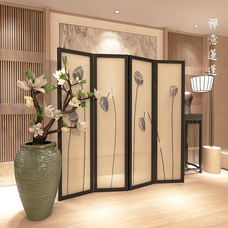 迈菲诗中式屏风半透纱画落地木质玄关隔断装饰遮挡入户挡煞折叠移动折