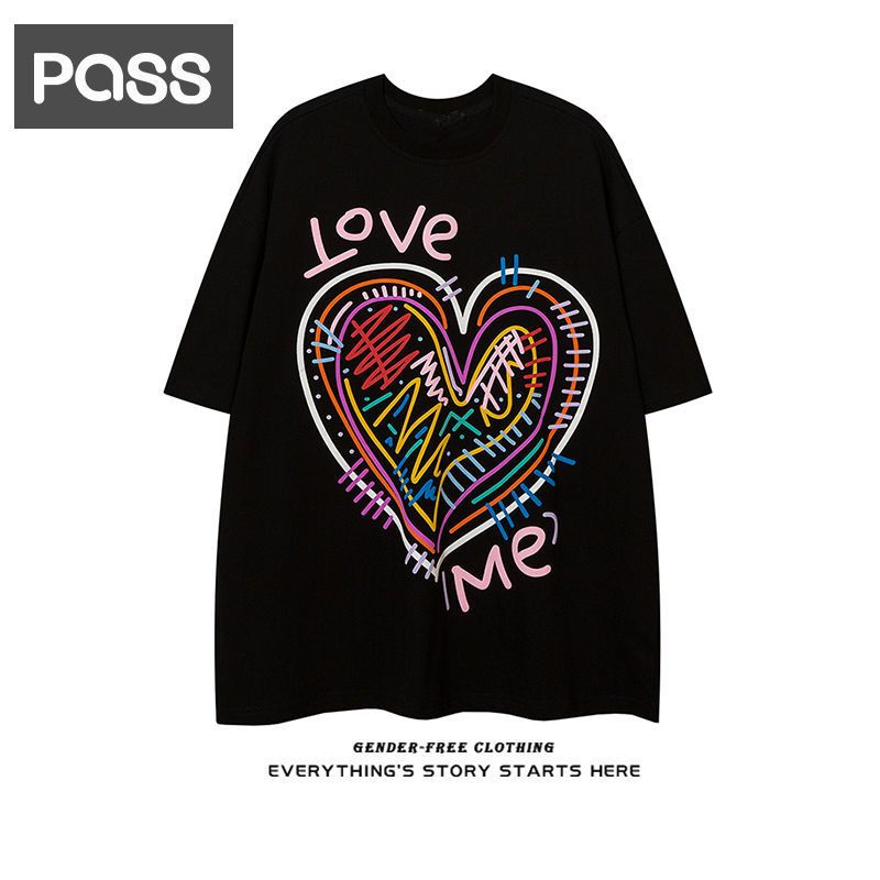 pass纯棉短袖t恤女夏季新款彩绘涂鸦字母爱心印宽松情侣上衣男潮视频