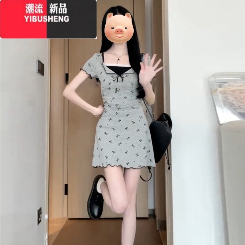 YIBUSHENG灰色波点蝴蝶结假两件连衣裙子女季2024新款设计感小众碎花长裙 灰色短款冷淡系独特别致/钓系约会裙/上流社会/简单大方得体/ 45/55kg/M