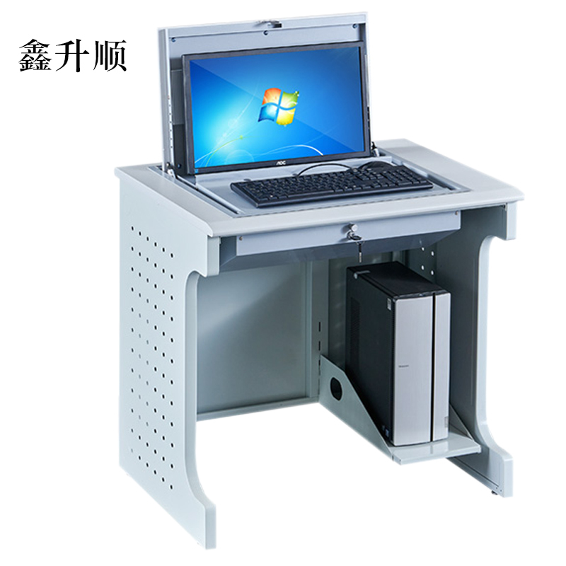 鑫升顺单人翻转电脑桌双人培训桌学校多媒体教室考试桌机房嵌入式学生桌011外置主机单人(不含显示器)