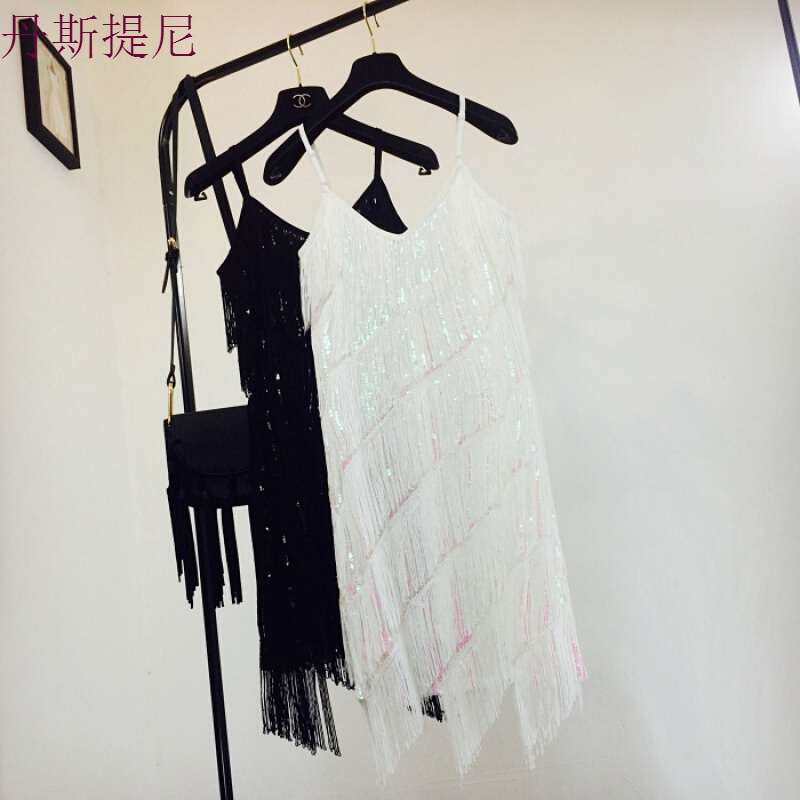 2018春夏新亮片流苏带连衣裙女装露背性感中长款宴会晚礼服裙白色均码