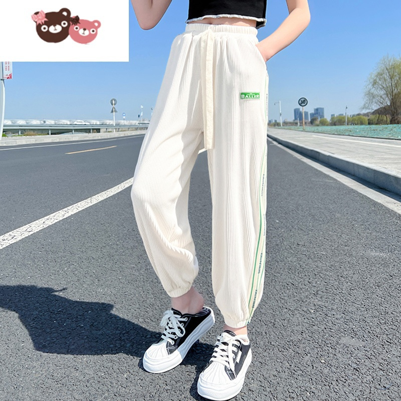绿彩虹光女童夏季薄款防蚊运动裤新款夏装宽松儿童裤子中大童冰丝九分裤潮