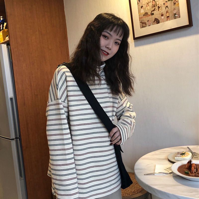 秋冬高领打底衫女加绒宽松韩版内搭长袖t恤学生百搭条纹上衣ins潮