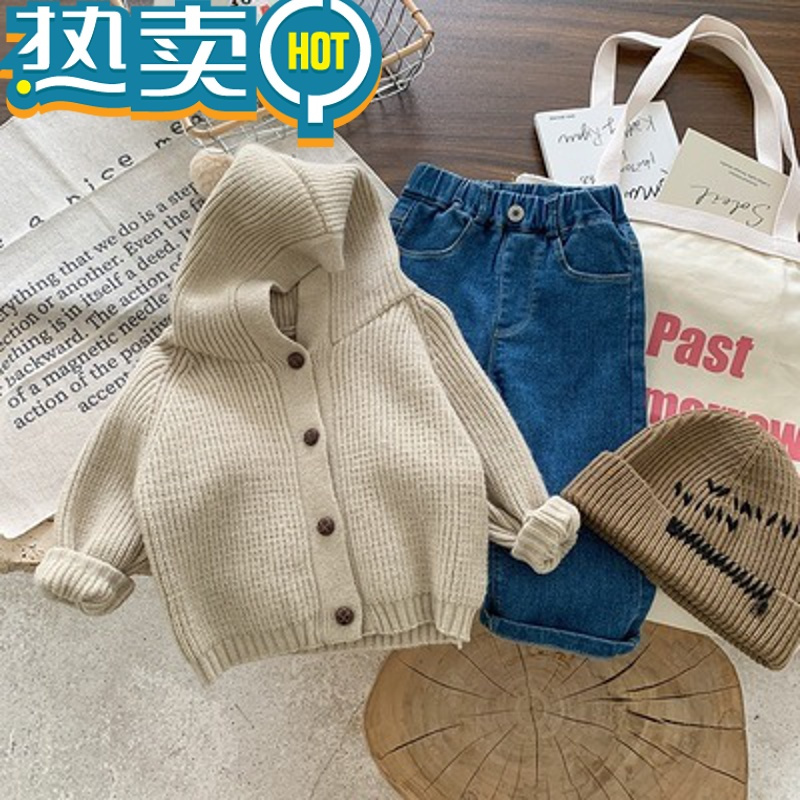 绿彩虹光中小童秋冬毛衣外套婴幼儿宝宝北欧风软糯糯连帽韩版针织开衫