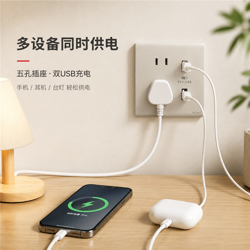 罗格朗/LEGRAND 五孔带USB插座 暗装 F6/426/10US/U2-C2 个高清大图