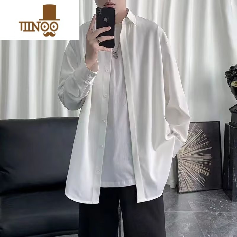 YANXU垂感衬衫男士长袖秋季外套翻领宽松潮流ins百搭港风痞帅黑色衬衣高清大图