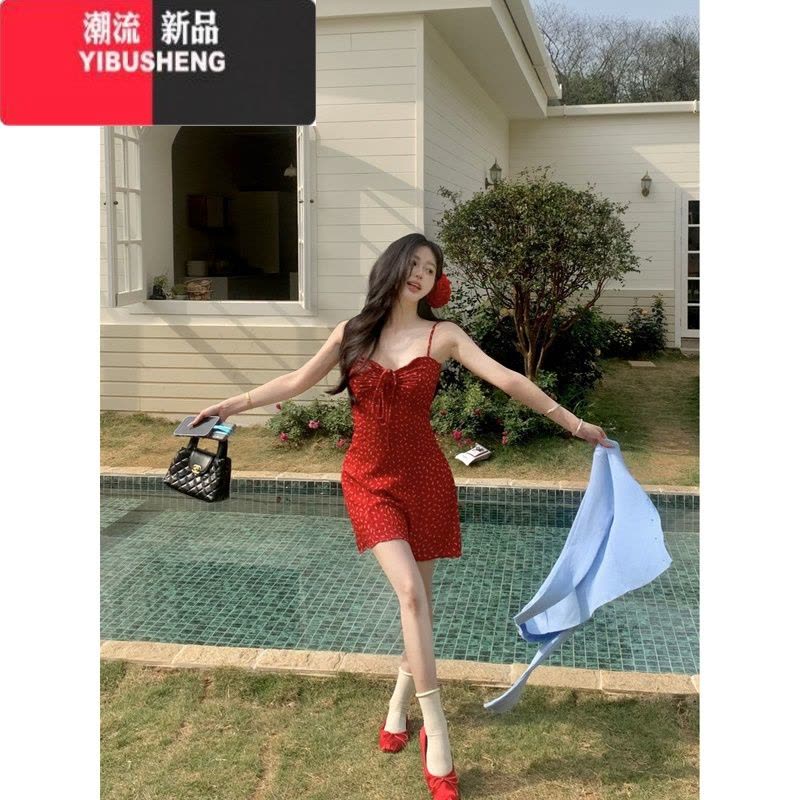 YIBUSHENG复古辣妹碎花褶皱吊带连衣裙女装季修身收腰A字裙短裙图片