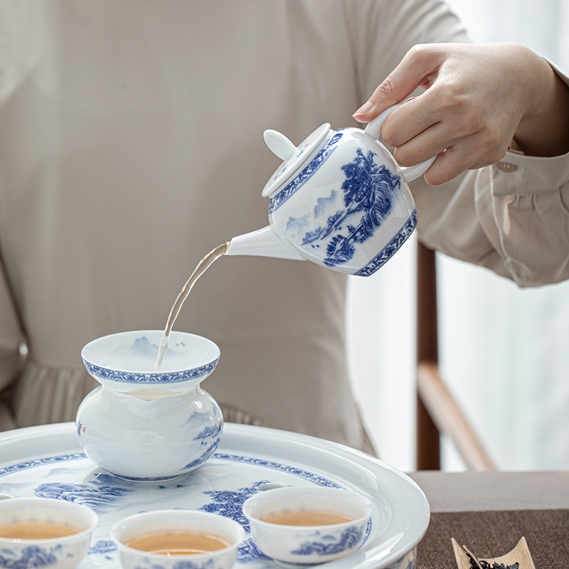苏氏陶瓷(SUSHI CERAMICS)国潮青花功夫茶具大套组储水托盘三才盖碗泡茶壶礼盒装薄胎茶杯