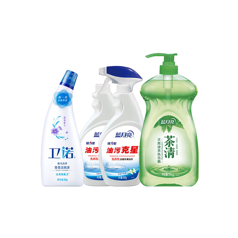 蓝月亮厨卫组合 2.5KG 茶清洗洁精1kg+强力油污克星(500g瓶+500g瓶补)+卫诺罗兰洁厕液500g