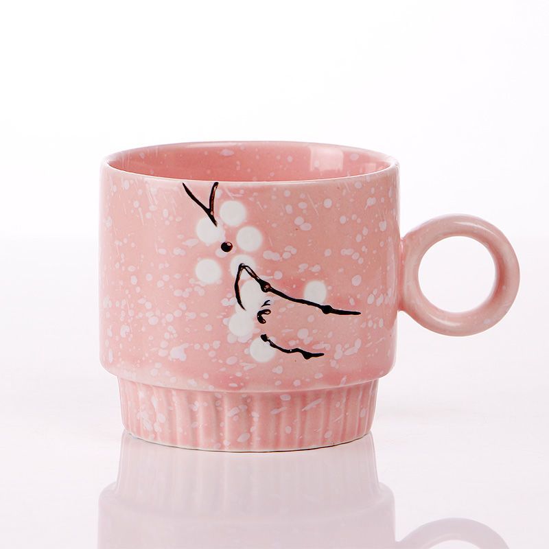 日式雪花陶瓷杯子家用带把手水杯ins女情侣杯四色杯子套装耐高温 混色