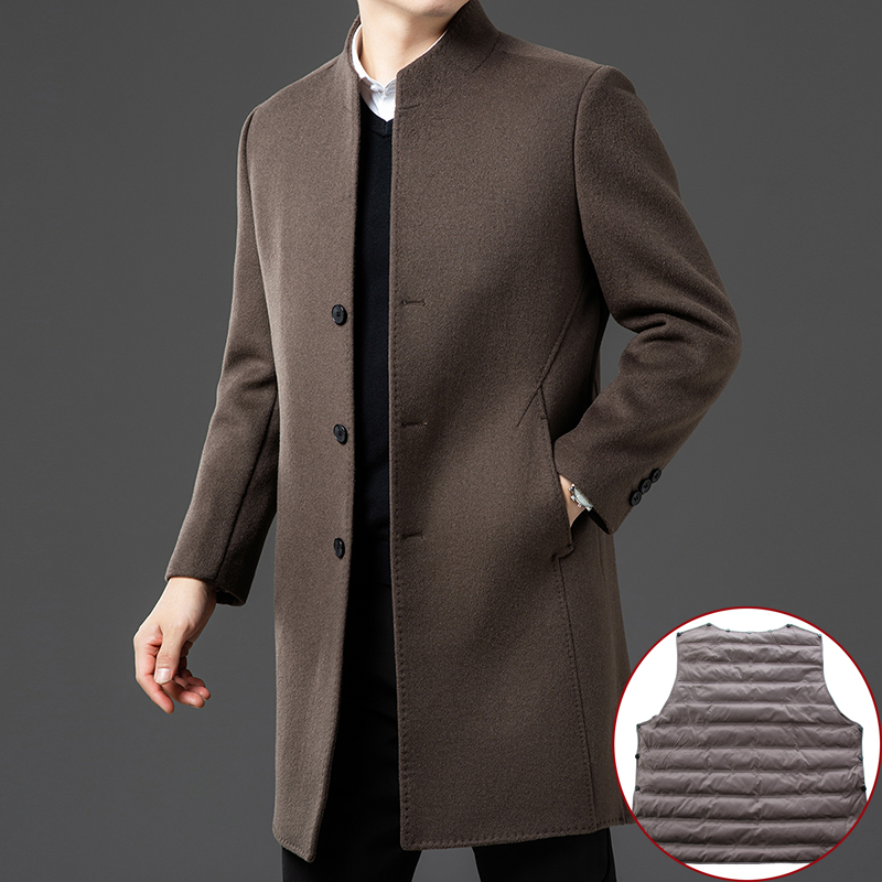 双面呢鹅绒内胆男士羊绒大衣羽绒内胆可拆卸中青年羊毛呢子中长款外套爸爸针织上衣服活里活面鹅绒内胆风衣中老年羽绒外套大码冬装高清大图