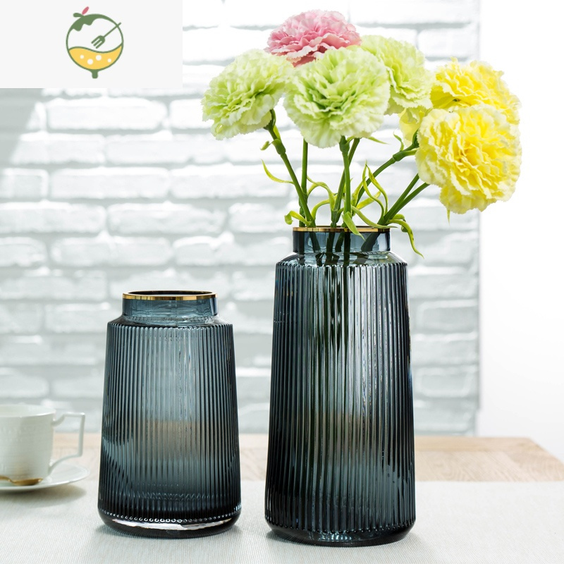 yicheng轻奢复古竖条纹玻璃花瓶描金插花花器客厅台面装饰摆设花瓶