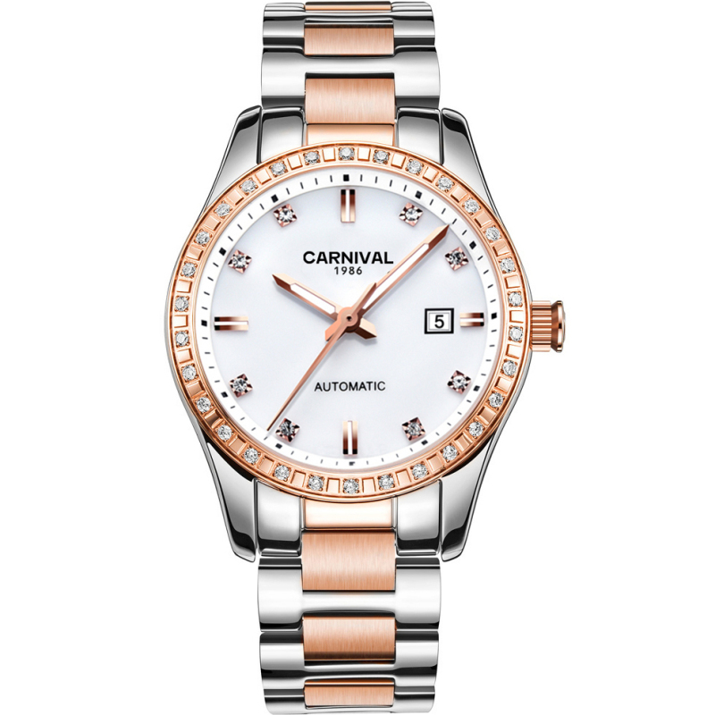瑞士嘉年华Carnival手表新款全自动机械表 女表时尚钢带潮流夜光防水女士镂空水钻名表时装腕表魅力玫金8685高清大图