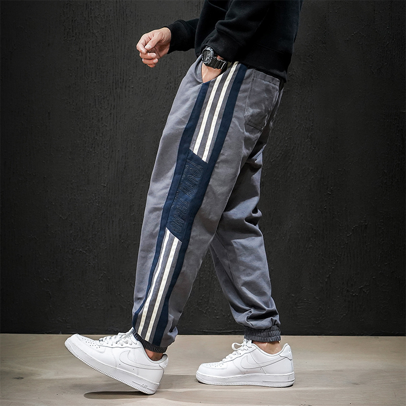 yuansu秋季刺绣条纹新款休闲裤男士加肥加大码韩版潮牌宽松束脚裤哈伦