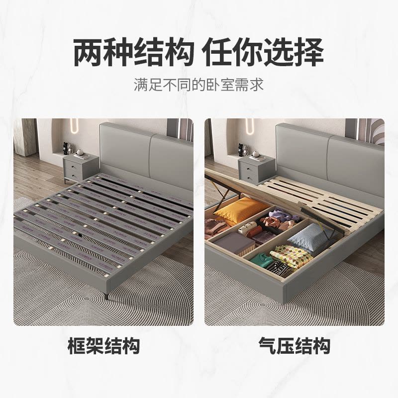 欧梵森 床 意式轻奢真皮床1.8m家用储物主卧床1现代简约实木床双人床.5m欧式大床软包卧室家具极简皮艺床婚床图片
