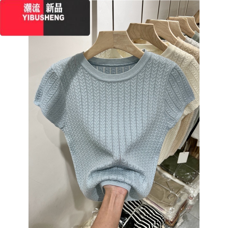 YIBUSHENG冰丝短袖t恤女季新款修身洋气高级感针织衫圆领短款别致上衣inY高清大图