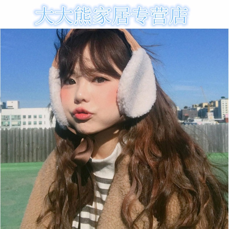 韩国风手工少女可爱甜美羊羔绒丝带系带护耳耳罩软妹保暖