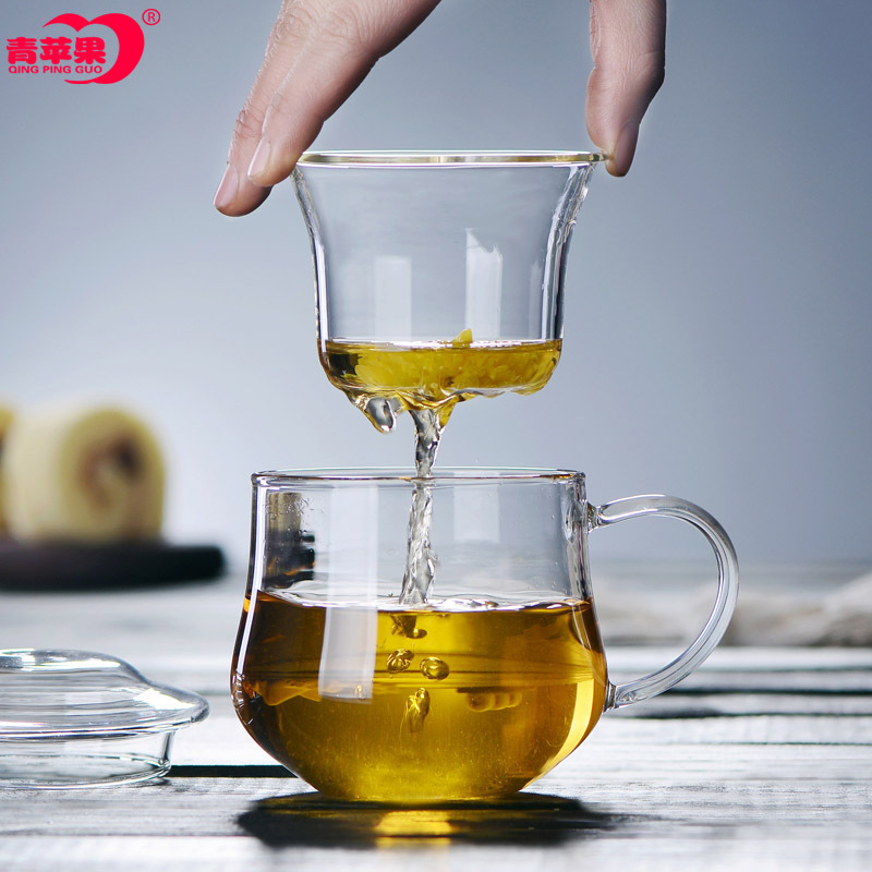 青苹果高硼耐热玻璃杯 办公室茶杯杯茶水分离泡茶杯带把盖花茶杯家用杯子 情侣杯过滤透明花茶杯玻璃水杯