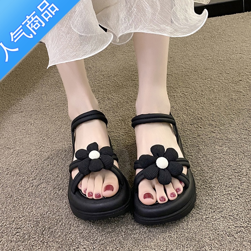 SUNTEK凉鞋女2023新款夏外穿花朵厚底凉拖网红仙女风配裙子两穿软底拖鞋高清大图