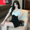 YIBUSHENG小个子夜场上班工作服显身材褶皱紧身连衣裙女撞色低胸性感包臀裙