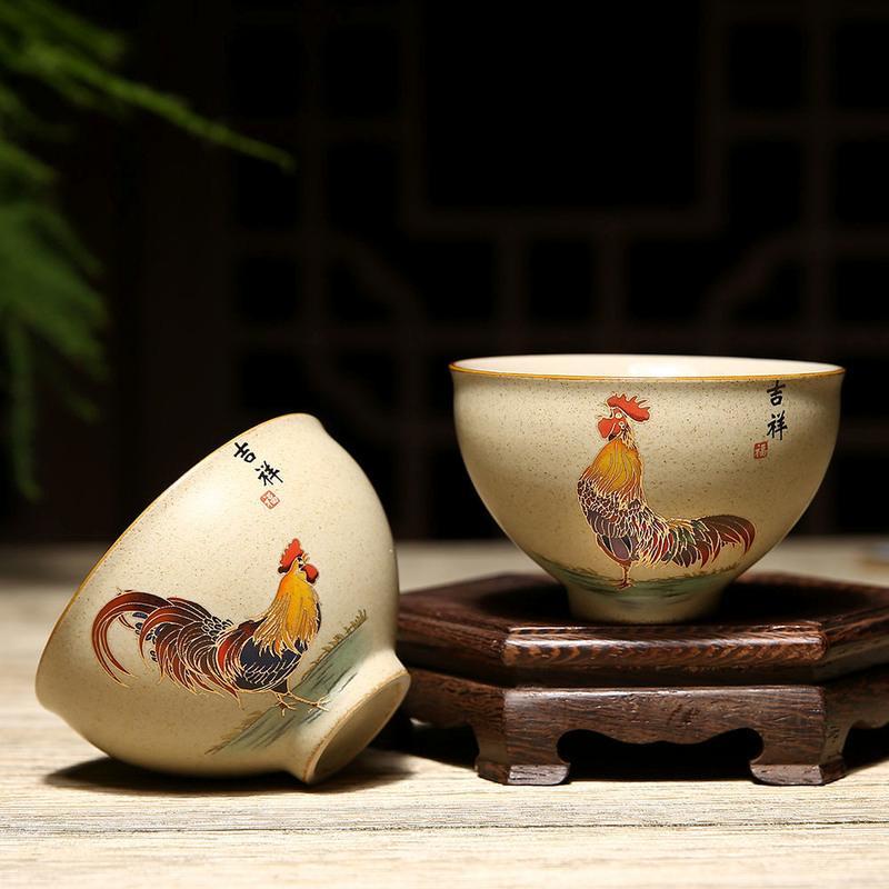 粗陶仿古鸡缸杯品茗杯斗彩鸡公杯喝茶主人杯个人单杯茶杯茶碗茶盏 金鸡报喜-吉祥杯100ml 送茶巾