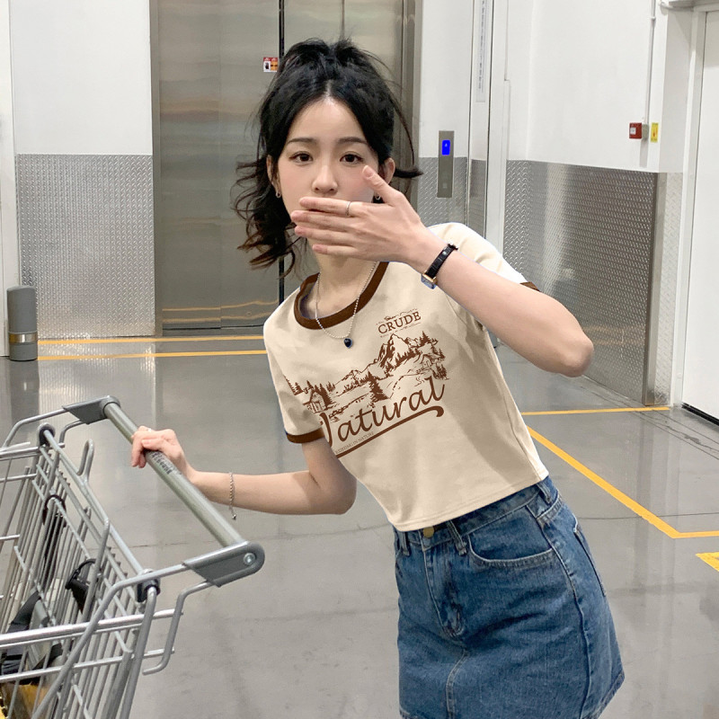 [1.5折价31元]唐狮短袖T恤女夏季短款圆领撞边美式复古风小众辣妹装潮