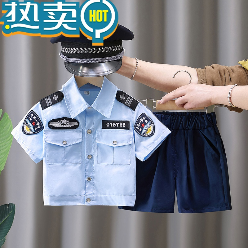 绿彩虹光男童套装夏季2023新款洋气儿童男孩六一短袖衣服宝宝警长演出服潮