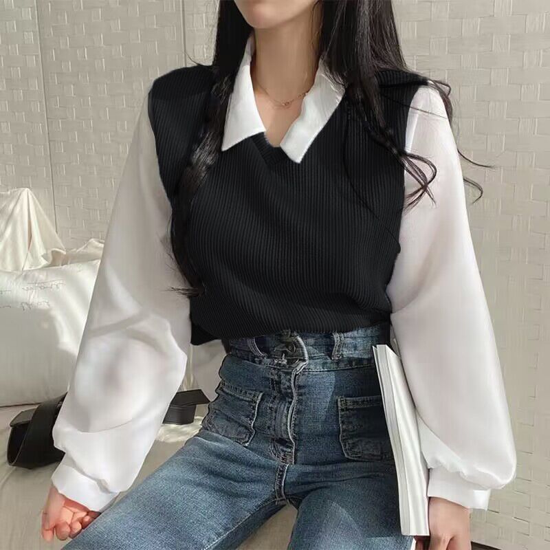 大码胖mm假两件T恤女拼接POLO领长袖卫衣螺纹宽松百搭上衣_298
